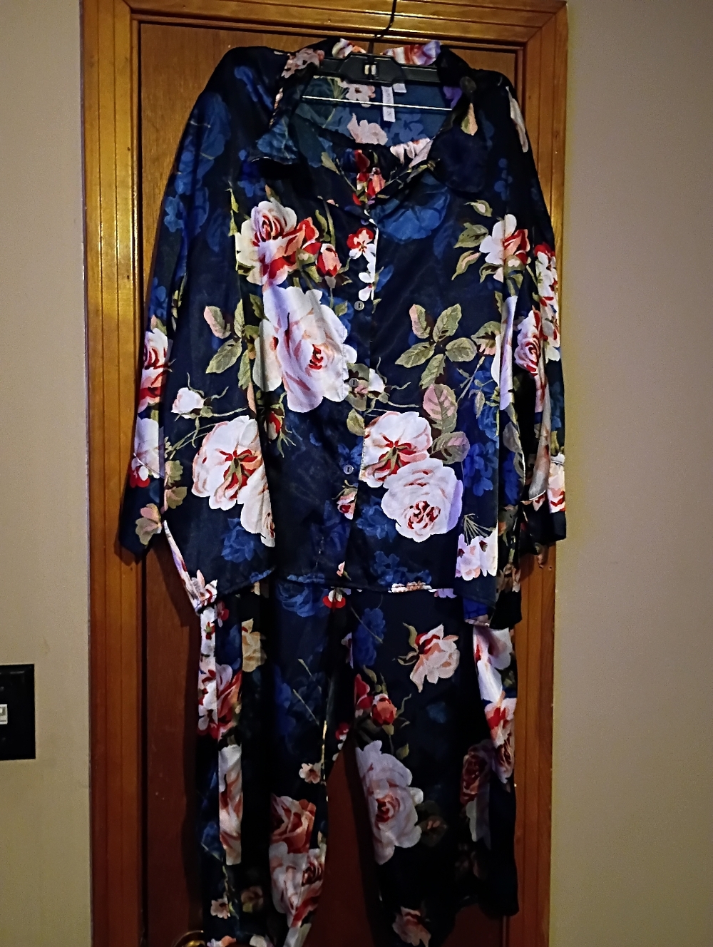 Navy Floral Satin Pajama Set